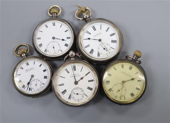 Five assorted silver pocket watches.